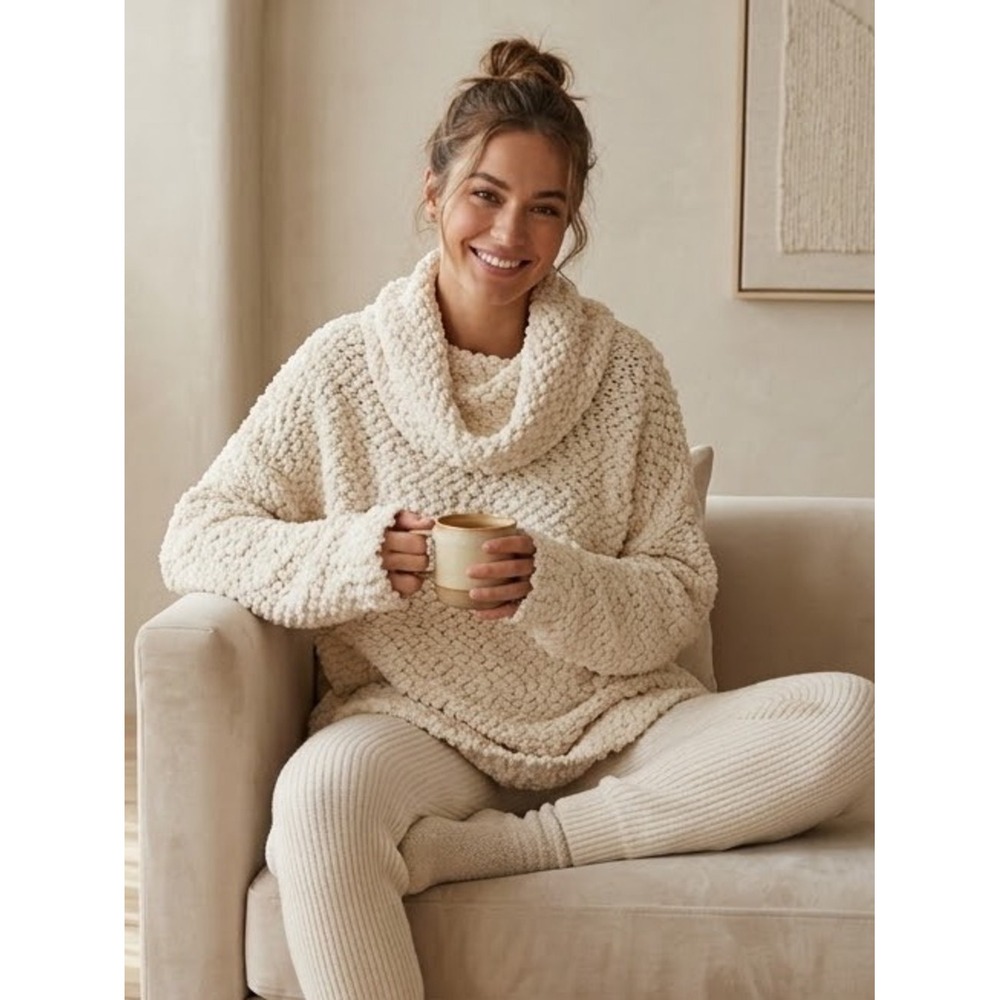 Umgee Cream Chunky Oversized Boucle Knit Cowl Neck Tunic Sweater M Cozy Minimal